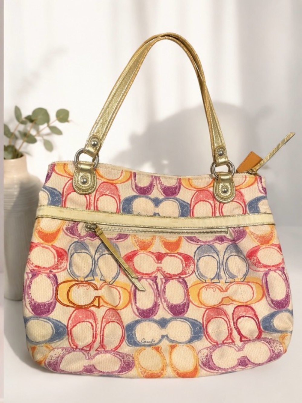 Coach Multicolor Signature Canvas Shoulder Bag with Gold Handles